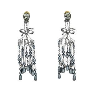 Pre Owned Dior Gunmetal Tone Beaded Chandelier Clip On Earrings