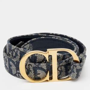 مملوكة مسبقًا Dior Navy Blue Oblique Canvas And Leather CD Logo Belt 85 CM