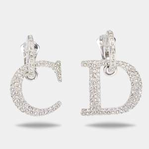 Pre Owned Dior Vintage Crystal Logo Clip-On Earrings