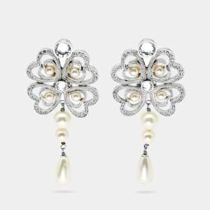 مملوكة مسبقًا Dior Heart Motif Crystal Faux Pearl Silver Tone Metal Clip-on Drop Earrings