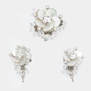Pre Owned Dior Crystal Beaded Flower Silver Tone Metal Clip On Earrings and Cocktail Ring Set