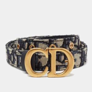 Pre Owned Dior Navy Blue Oblique Canvas CD Logo Belt 90CM