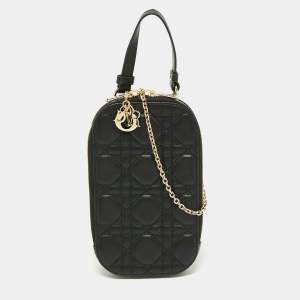 Dior Black Cannage Leather Lady Dior Chain Phone Holder 