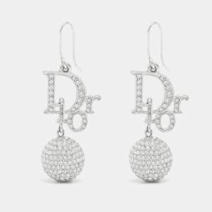 Pre Owned Dior Silver Tone Oblique Crystal Ball Charm Hook Earrings