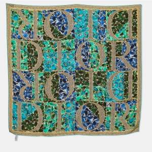 Dior Blue & Green Bejelwed Print Silk Scarf