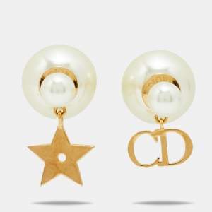 Pre Owned Dior Gold Tone Logo & Star Drop Tribales Earrings
