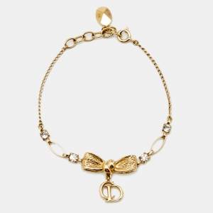 Dior Vintage Gold Tone Crystal Bow Charm Bracelet