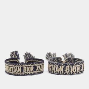 Pre Owned Dior J'Adior & Oblique Navy Blue Embroidered Cotton Set of Two Bracelets
