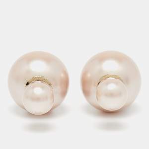 Dior Tribales Champagne Faux Pearl Gold Tone Stud Earrings