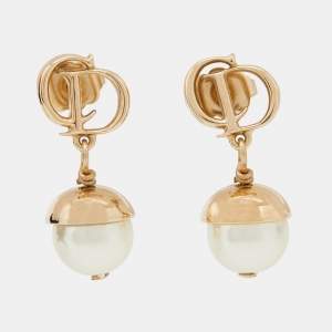 Dior Gold Tone CD Faux Pearl Drop Earrings