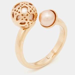 Dior Secret Cannage Faux Pearl Crystal Rose Gold Tone Open Ring Size 55