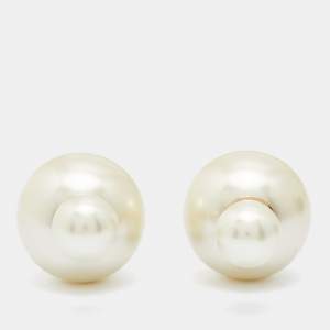 Dior Tribales Cream Faux Pearl Gold Tone Stud Earrings