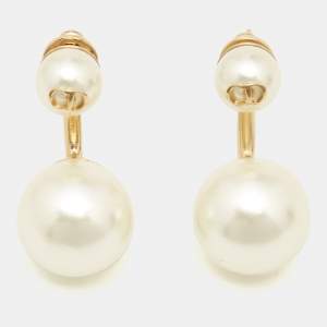 Dior Gold Tone CD Double Faux Pearl Earrings
