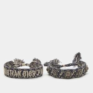 Dior Navy Blue J'adior Oblique Embroidered & Studded Bracelet Set of Two