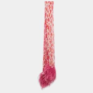 Dior Pink Printed Ostrich Feather Trim Silk Scarf