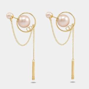 Dior Tribales Faux Pearl Gold Tone Chain Dangle Earrings