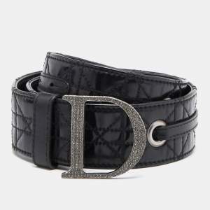 Dior Black Cannage Patent and Leather D Crystals Buckle Belt 90CM