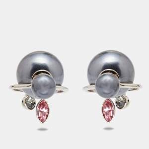 Dior Tribales Crystal Faux Pearl Silver Tone Earrings