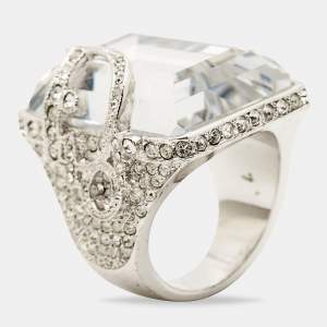 Dior Vintage Statement Crystal Logo Silver Tone Ring Size 54