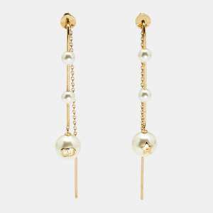 Dior Faux Pearl Gold Tone Chain Dangle Earrings