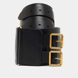 Pre Owned Dior Black Leather Wide Double Buckle Waist Belt 90 CM