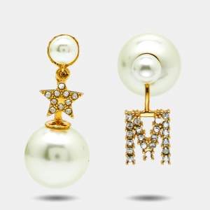 Dior Tribales Letter M & Star Crystal Faux Pearl Gold Tone Asymmetric Earrings