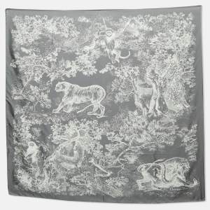 Dior Grey Silk Foulard Toile De Jouy Scarf
