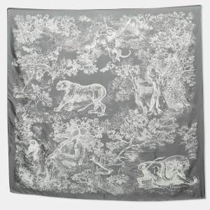 Dior Grey Silk Foulard Toile De Jouy Scarf