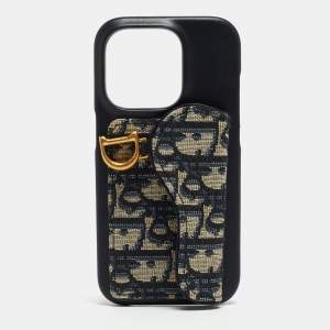 Dior Navy Blue/Beige Oblique Jacquard and Leather Saddle iPhone 14 Pro Case