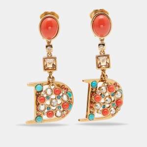 Dior Gold Tone Crystal Composite Gold Tone Drop D Clip-on Earrings