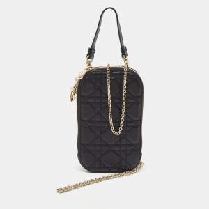 Dior Black Cannage Leather Lady Dior Chain Phone Holder 