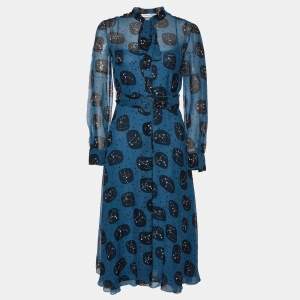 Dior Blue Constellation Printed Silk Tie-Neck Detail A-Line Midi Dress S