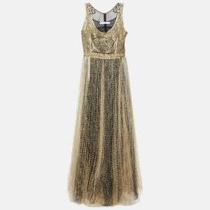 Dior Gold Embroidered Lace & Tulle Sleeveless Maxi Dress L