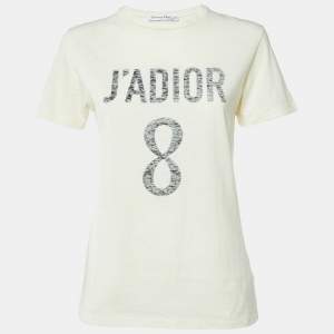 Dior Cream J'Adior 8 Print Cotton & Linen Crew Neck T-Shirt XS 