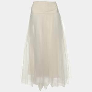 Dior Cream Textured Tulle Overlay Gathered Midi Skirt S