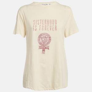 Dior Cream Printed Cotton and Linen Crew Neck T-Shirt L