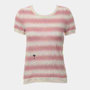 Dior Pink, Cream Linen, Cashmere, Silk, Polyamide Knitted Bee Embroidered T-Shirt IT 38