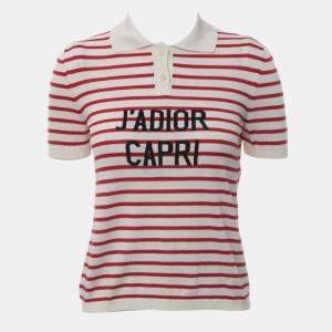 Dior White, Red Silk, Cotton J'Adior Capri Stripes Polo Shirt IT 38