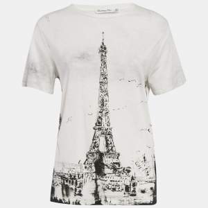 Christian Dior White Eiffel Tower Print Jersey T-Shirt S