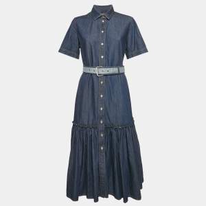 Christian Dior Blue Denim Belted Flounce Midi Dress M