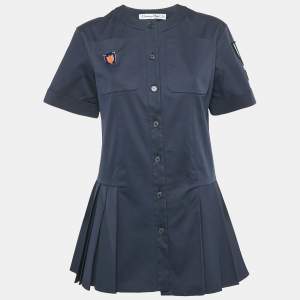 Christian Dior Navy Blue Applique Detail Pleated Mini Dress M