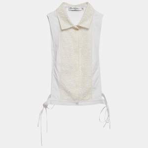 Dior White Cotton Lace Overlay Button Front Plastron M