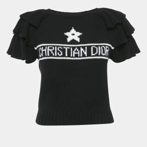 Christian Dior Black Logo Intarsia Knit Ruffed Sleeve Top M