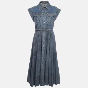 Dior Blue Butterfly Embroidery Denim Belted Button Front Long Dress L
