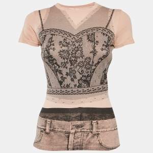 Christian Dior Boutique Peachy Beige Trompe l'oeil Print Cotton T-Shirt S