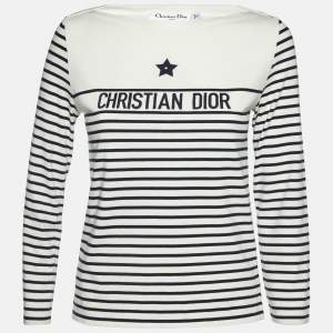 Dior White Logo Striped Cotton Long Sleeve T-Shirt S