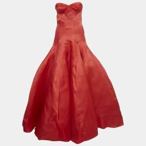 Christian Dior Haute Couture Red Silk Strapless Gown XS