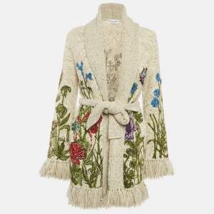 Christian Dior Beige Floral Embroidered Knit Fringed Cardigan S