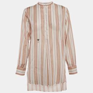 Christian Dior White/Peach Striped Cotton Voile Tunic S