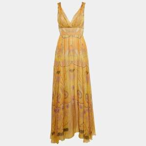 Christian Dior Yellow Printed Silk Maxi Dress S